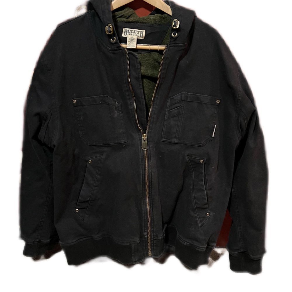 Duluth Trading bomber style jacket vintage flair. Hood. Navy blue. Size XL.